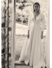 Long Sleeves Ivory Jacquard Keyhole Back Wedding Dress